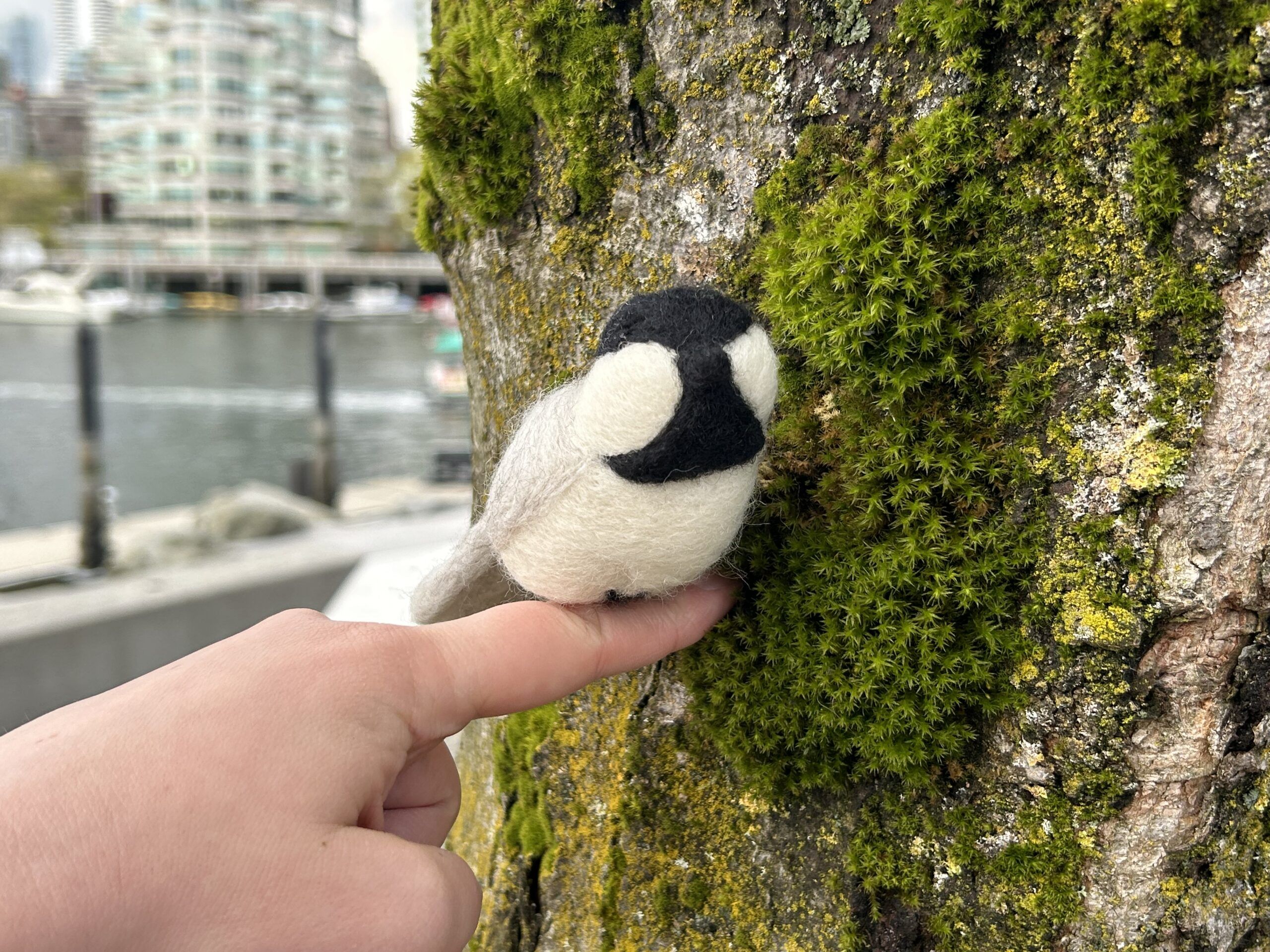 a felted black-capped chickadee posed on a person's finger next to a tree